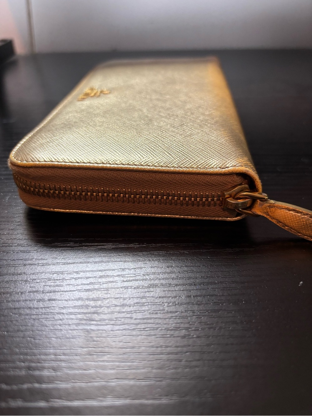 PRISTINE Prada Saffiano Leather Long Zip-Around Wallet – Metallic Gold (Platino) - Picture 7 of 11